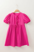 Solid Puff Sleeve Bow Tie Front Mini Dress