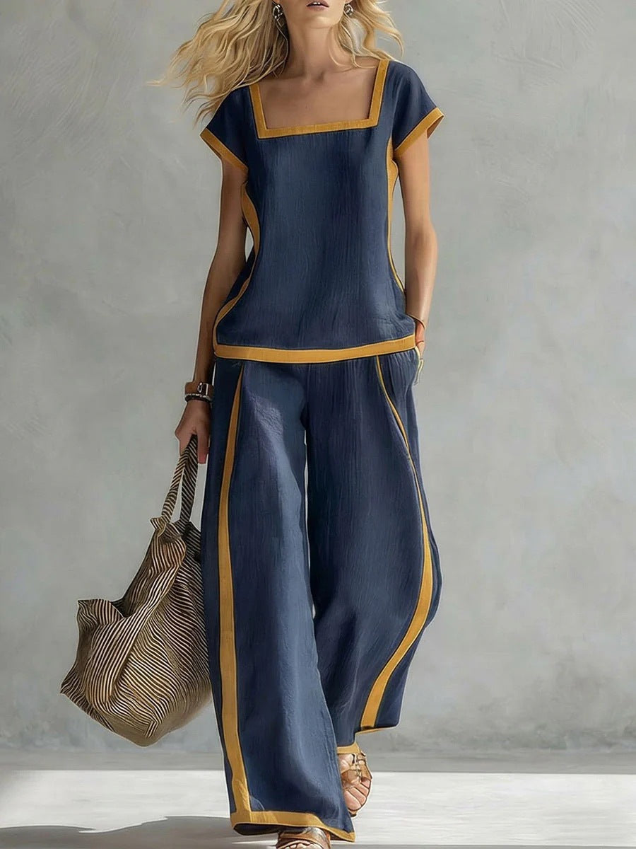 Women’s Square Neck Short Sleeve Two Piece Pants Set