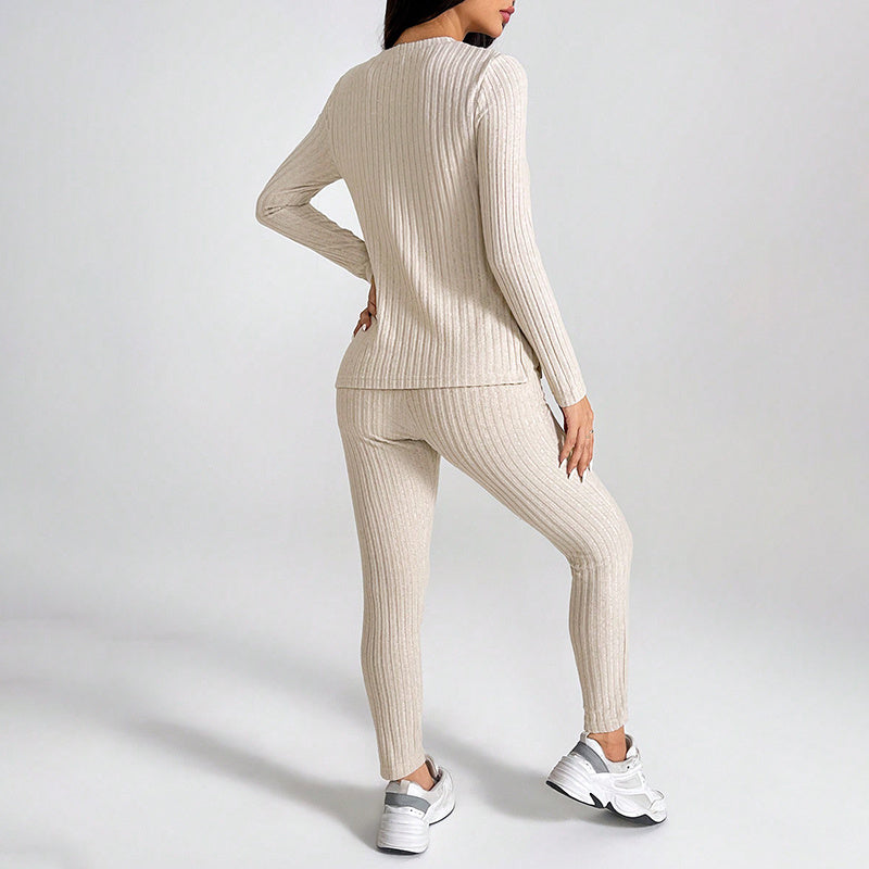 Women’s Ribbed Knit Long‑Sleeve Tee & Pants Lounge Set