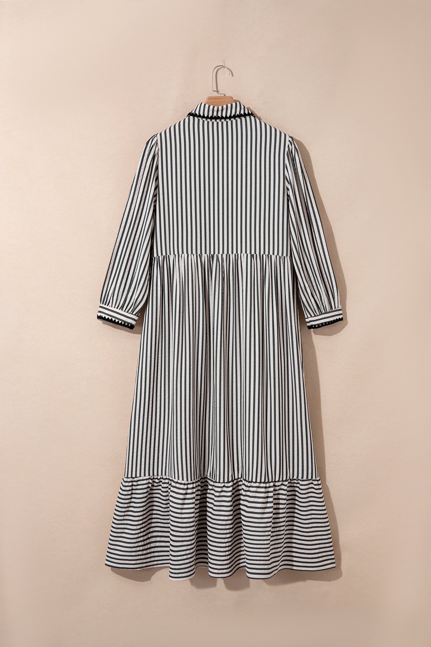 Stripe Scallop Trim Shirt Collar Maxi Dress