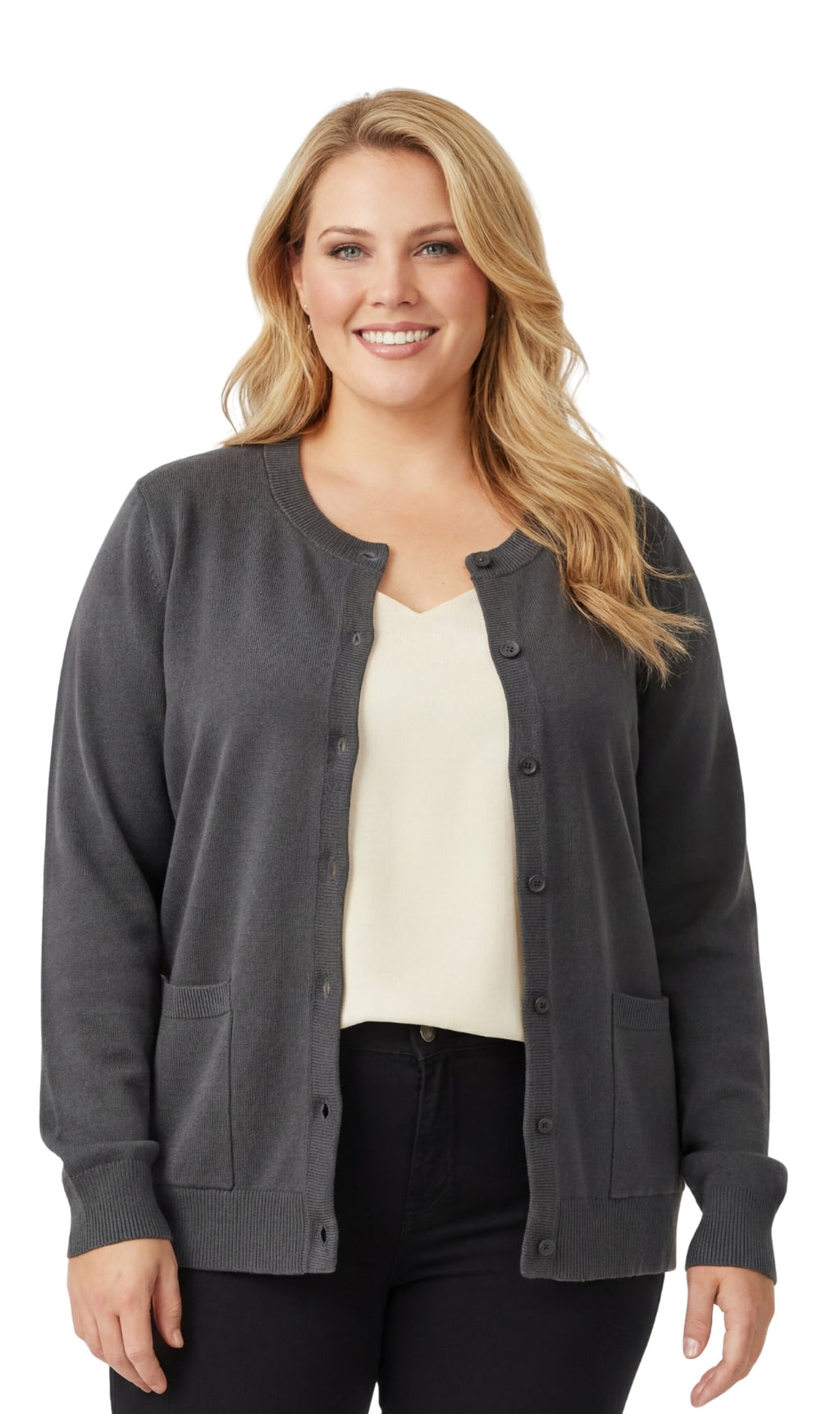 Women's Soft Cotton Button-Up Cardigan Crewneck Sweater Long Sleeves with Front Pockets