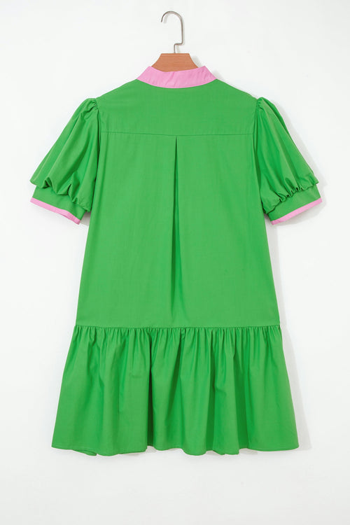 Colorblock Split Neck Puff Sleeve Mini Dress