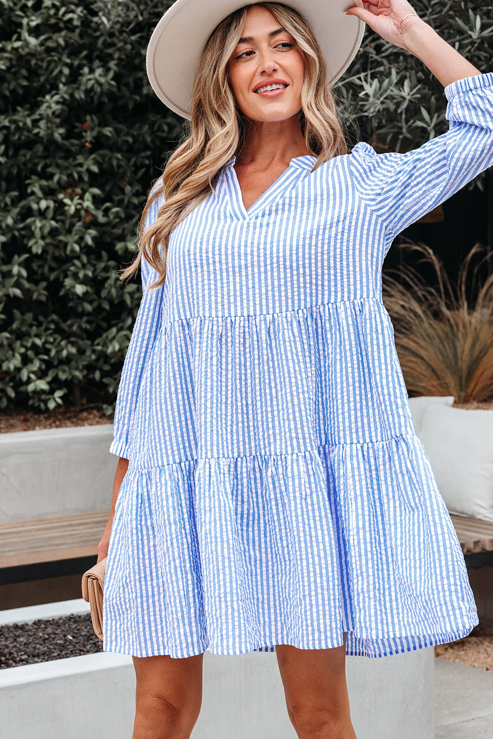 Stripe 3/4 Sleeve Pocketed Tiered Dress