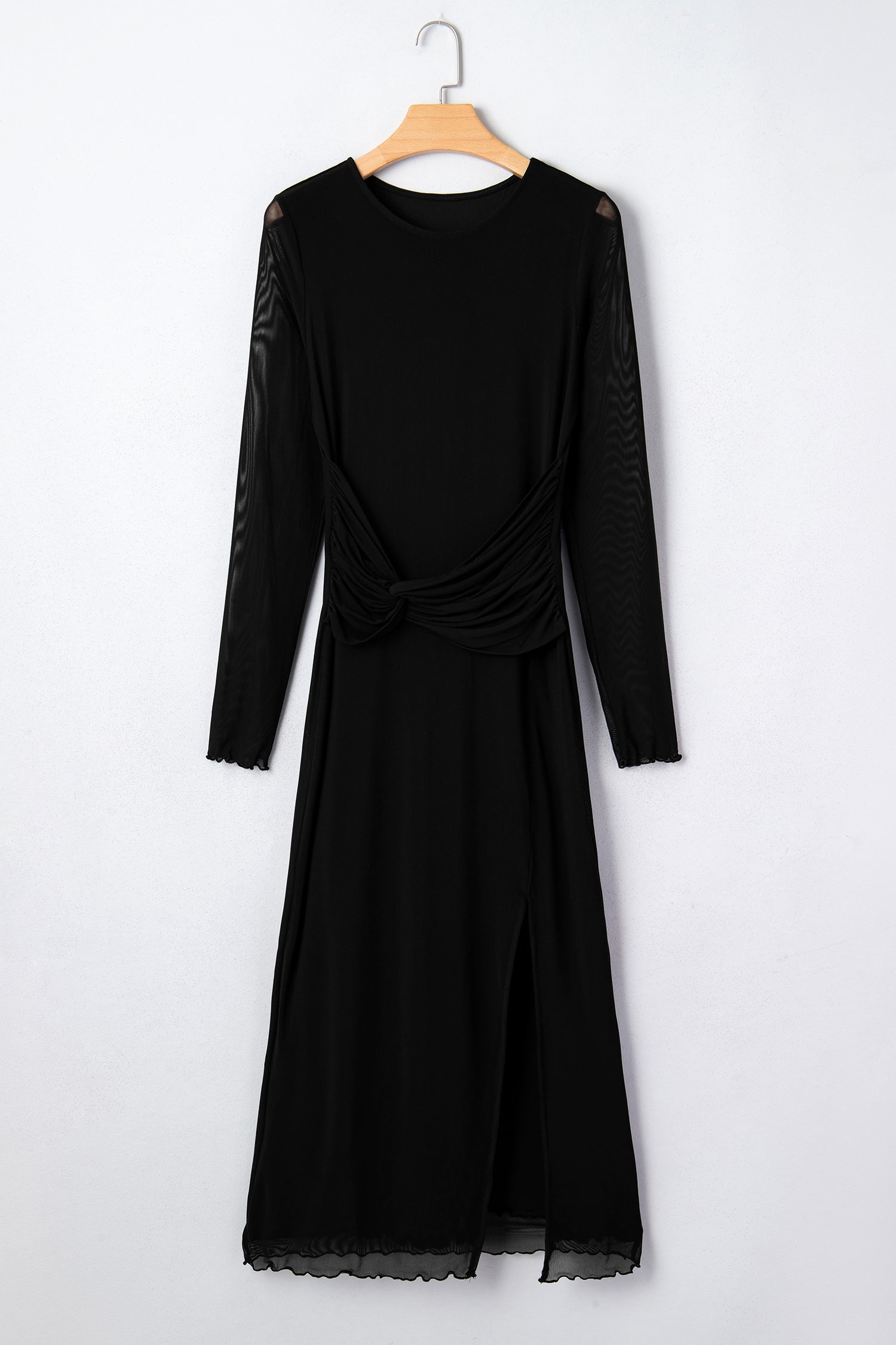 Solid Mesh Knotted Waist Side Slit Midi Dress