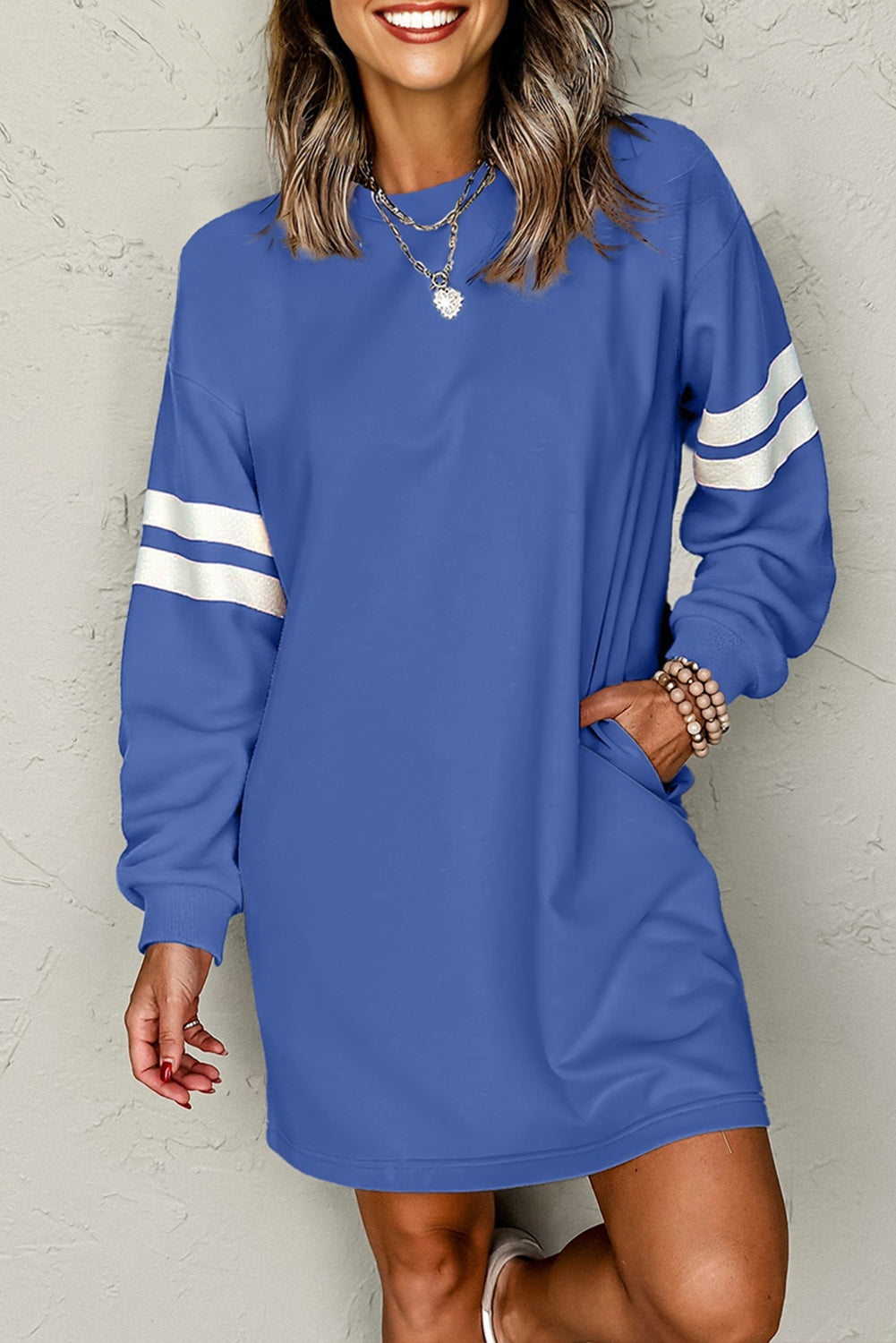 Varsity Stripe Long Sleeve Sweatshirt Dress