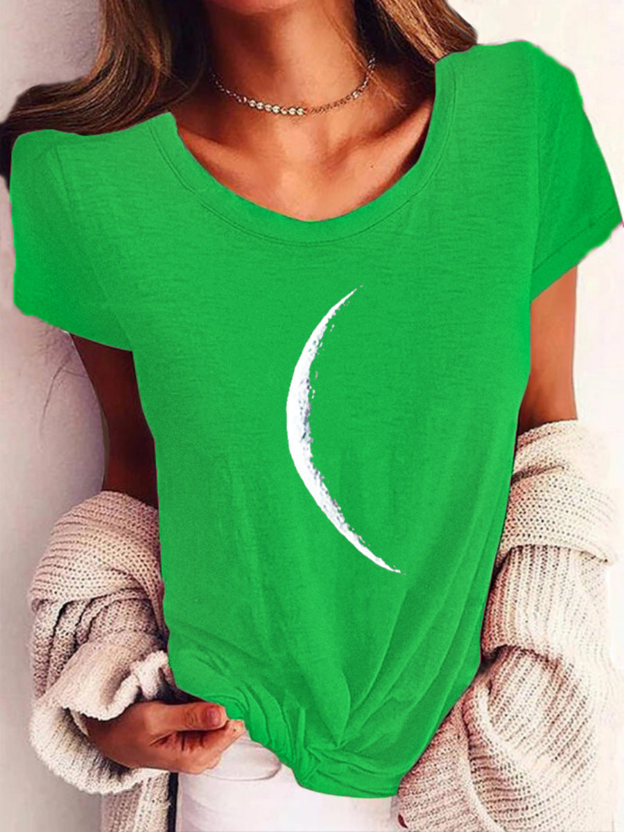 Wide Collar Printed T-Shirt – Casual Short Sleeve Top for Women