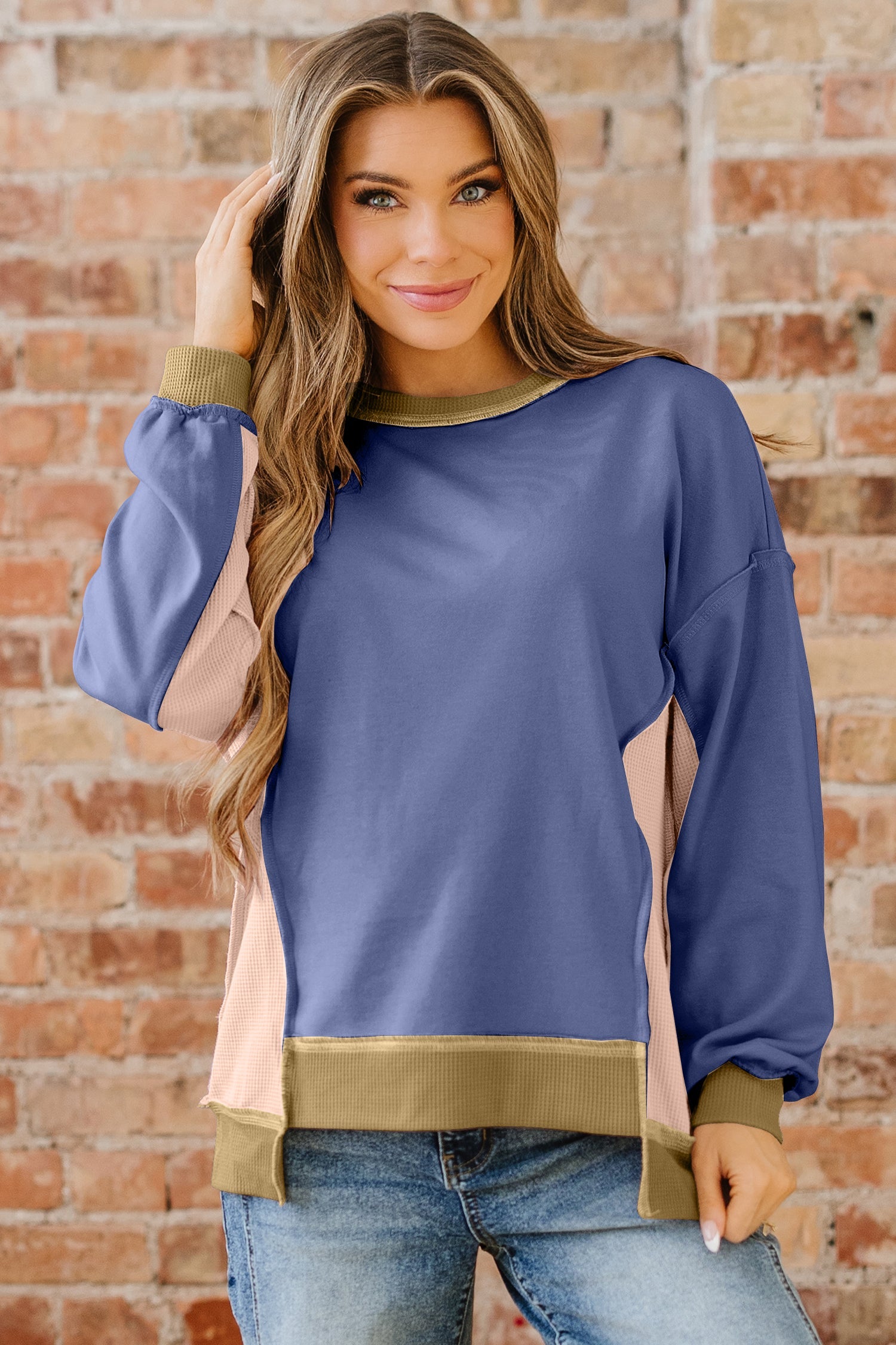 Colorblock Waffle Patchwork Oversize Sweatshirt