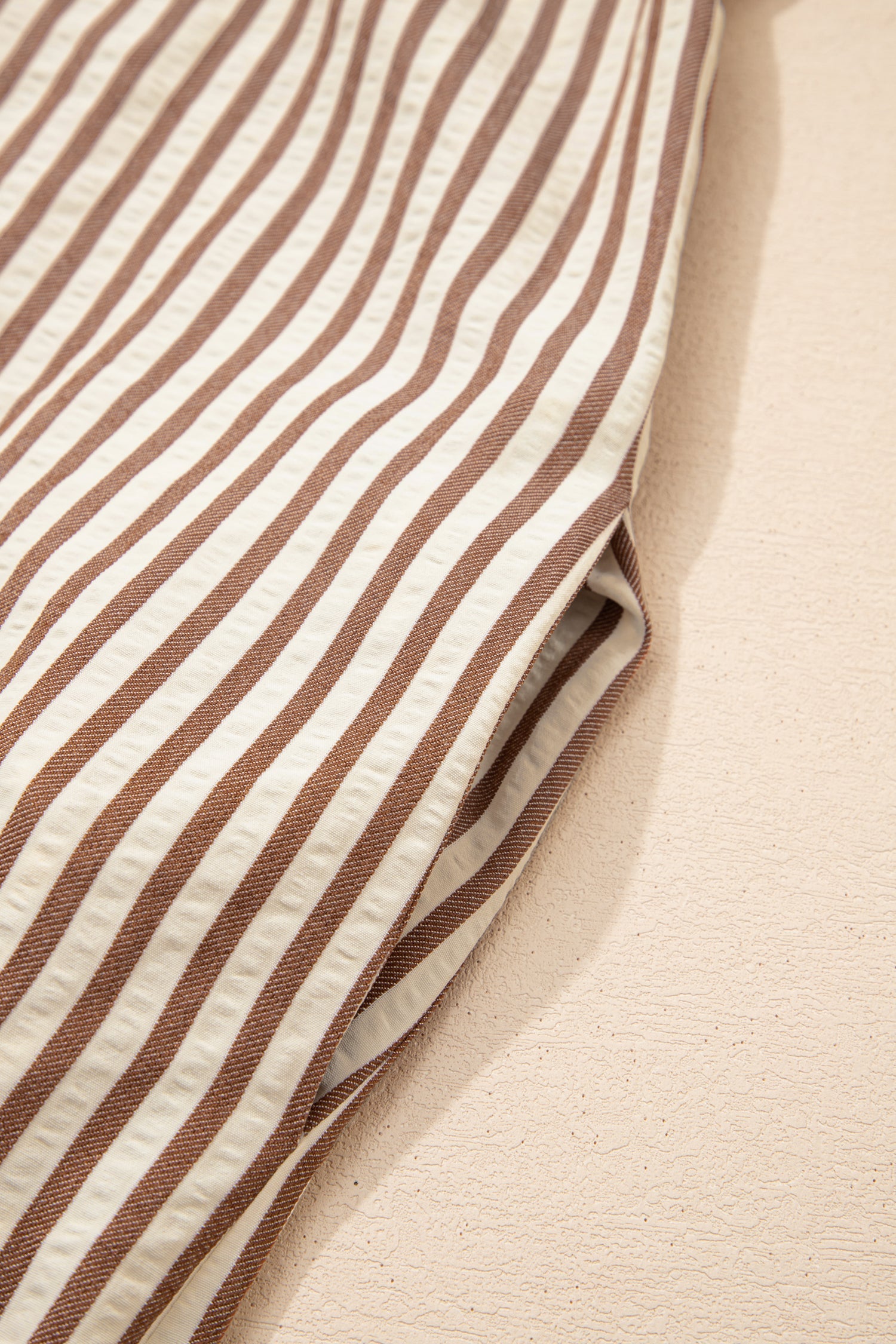 Stripe Leopard Trim 3/4 Sleeve Midi Shirt Dress