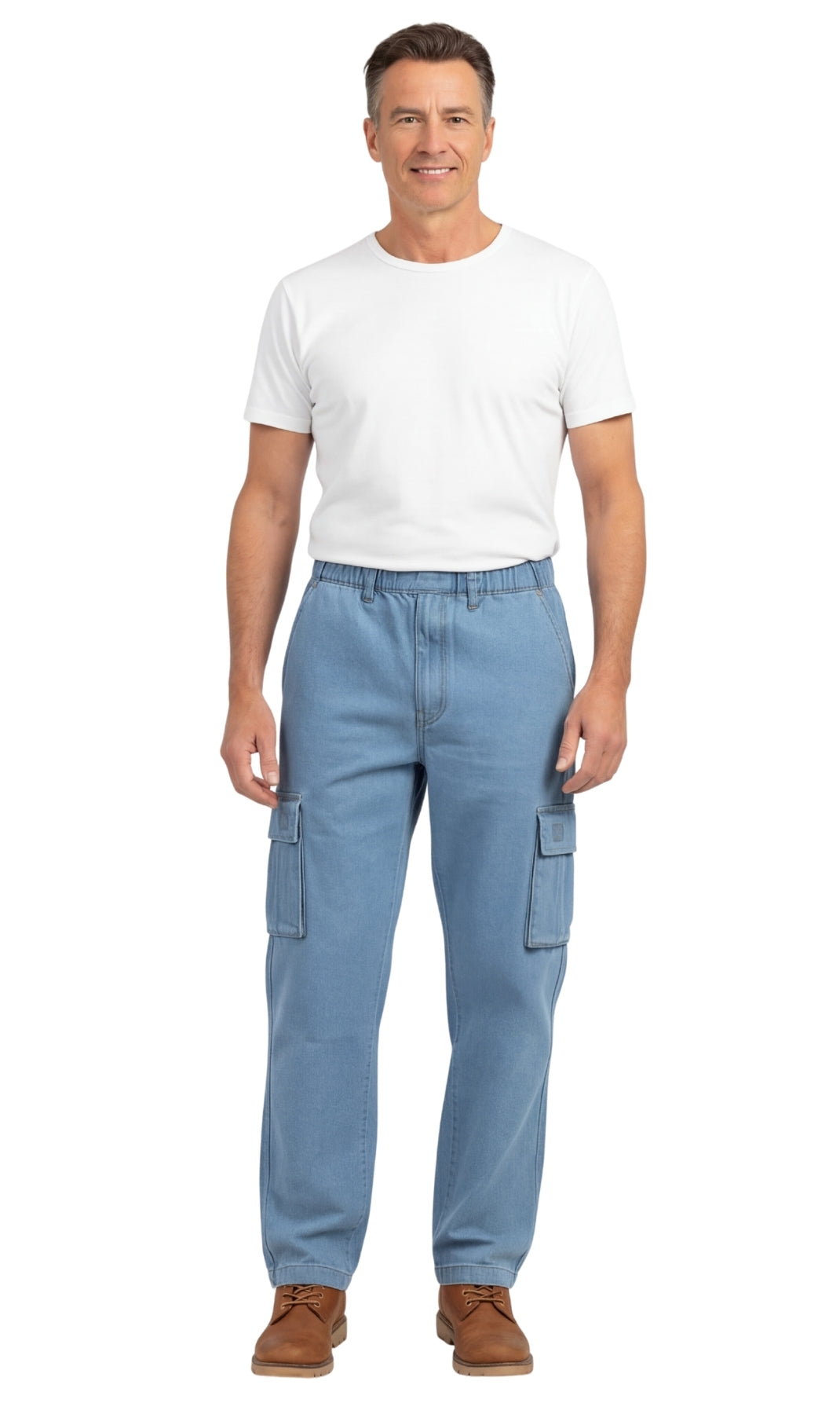 Men's Lightweight Double Cargo Pocket Pull-On Jeans – Cotton Blend Cargo Pants with Elastic Waist