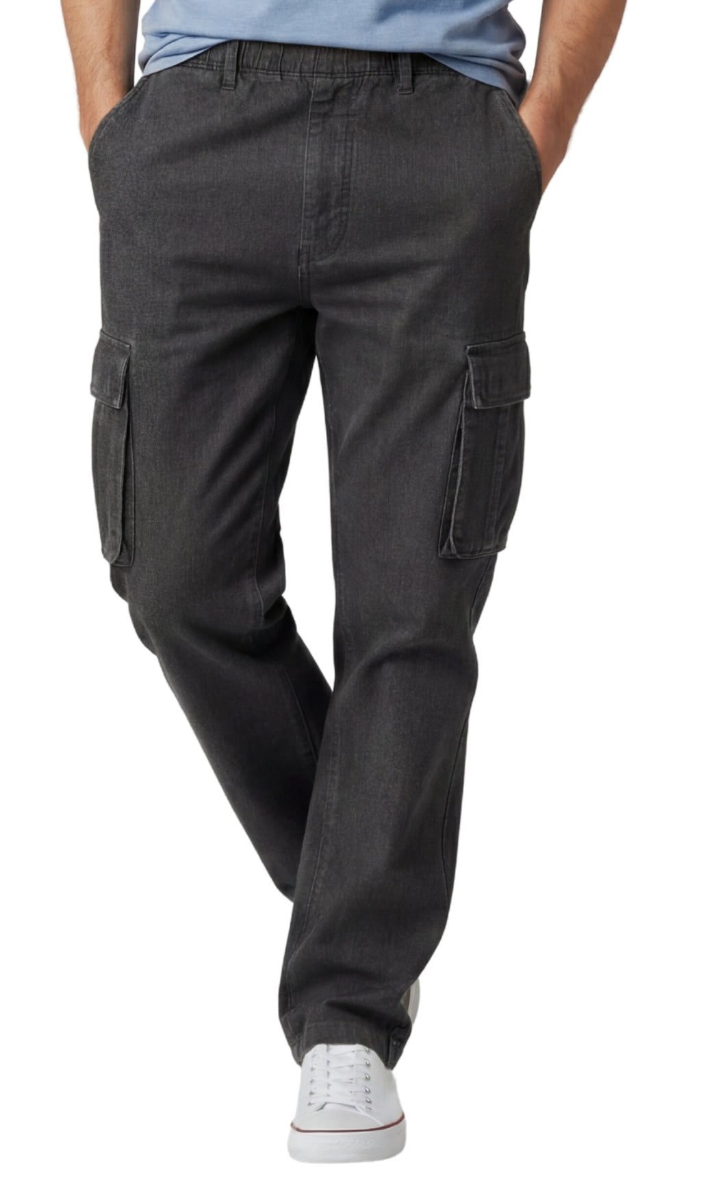 Men's Lightweight Double Cargo Pocket Pull-On Jeans – Cotton Blend Cargo Pants with Elastic Waist