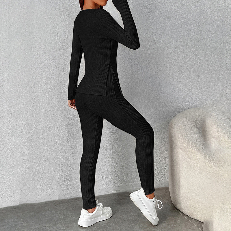 Women’s Ribbed Knit Long‑Sleeve Tee & Pants Lounge Set