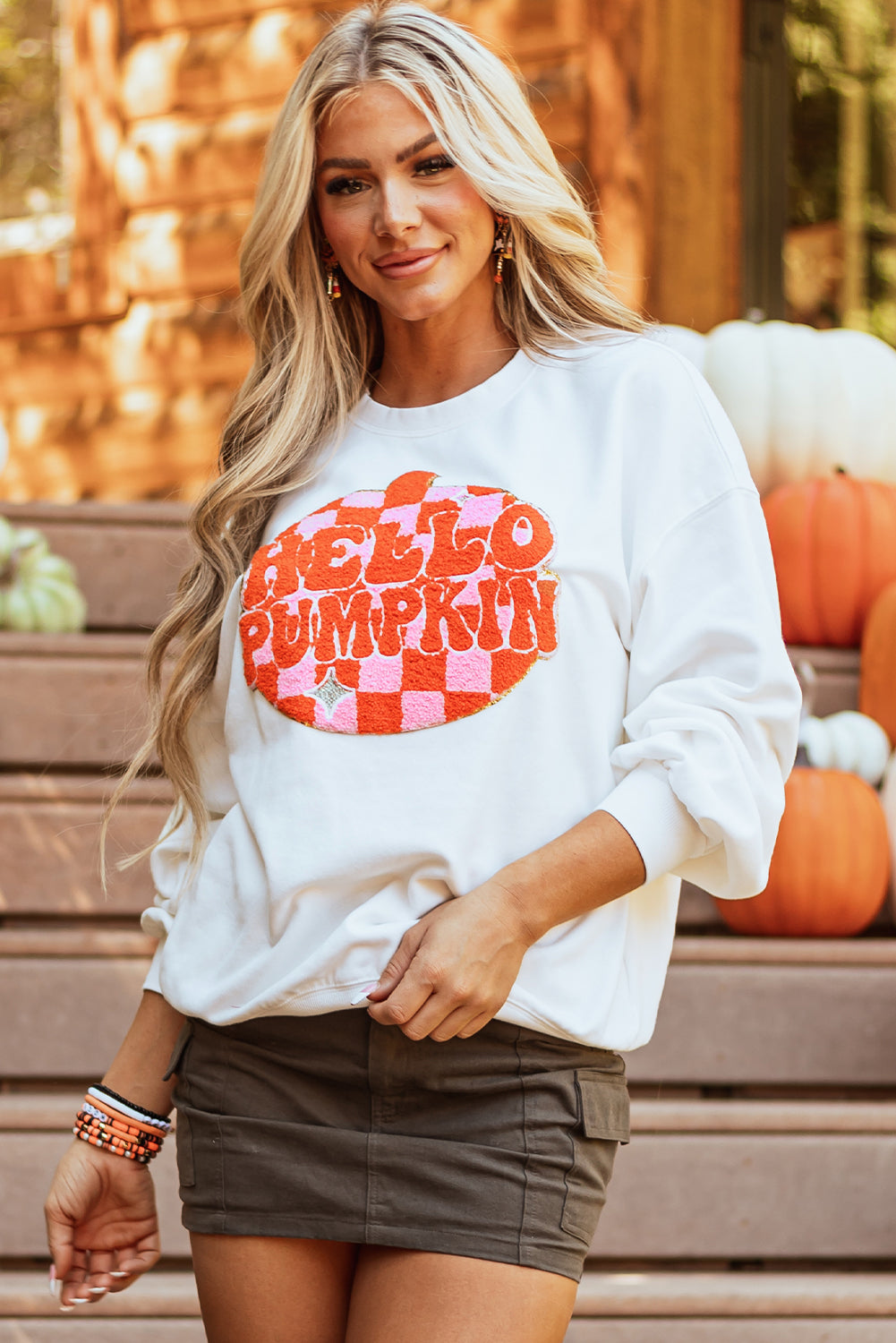 Halloween Pumpkin Terry Patched Pullover Sweatshirt