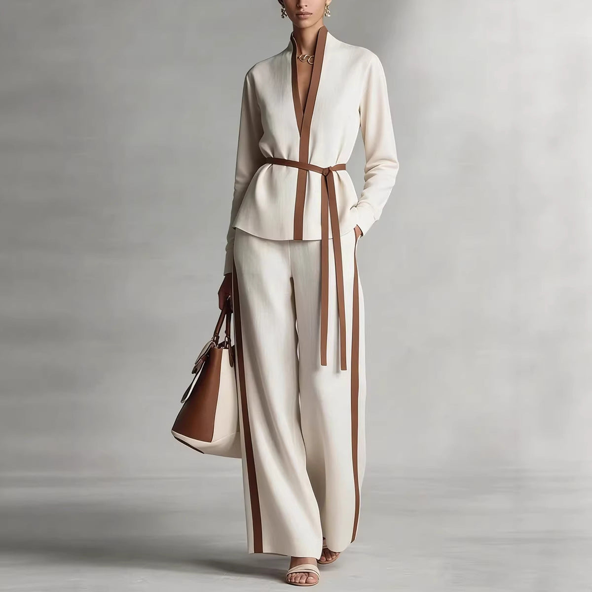 Women’s Patchwork Cardigan & Wide Leg Pants Two Piece Set