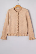 Solid Ruffle Trim Button Front Cardigan