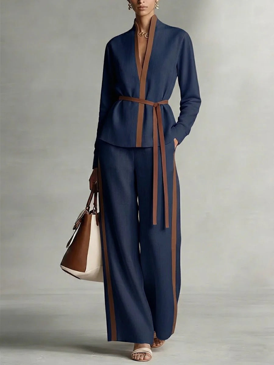 Women’s Patchwork Cardigan & Wide Leg Pants Two Piece Set