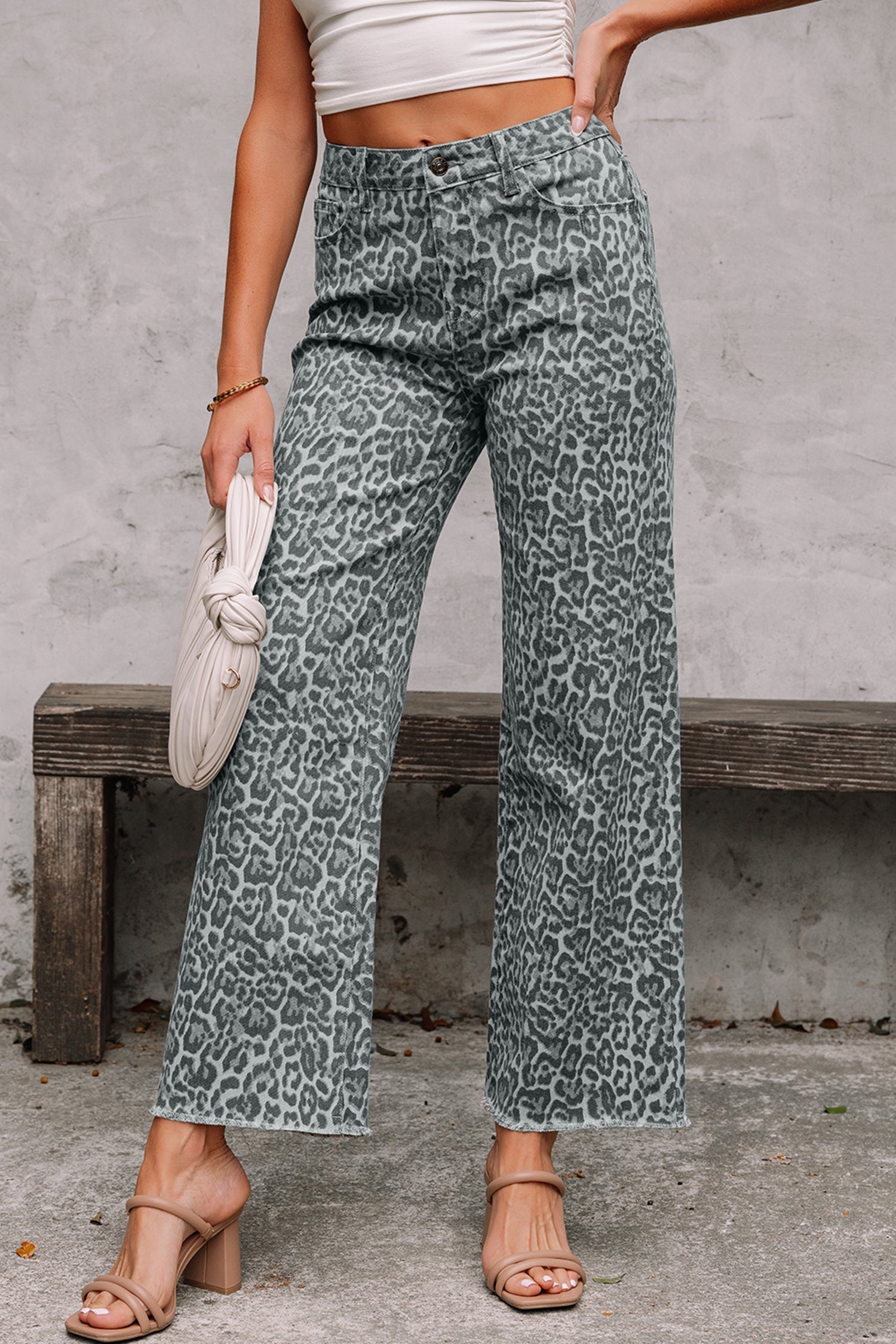Leopard Frayed Edge High Waist Wide Leg Jeans