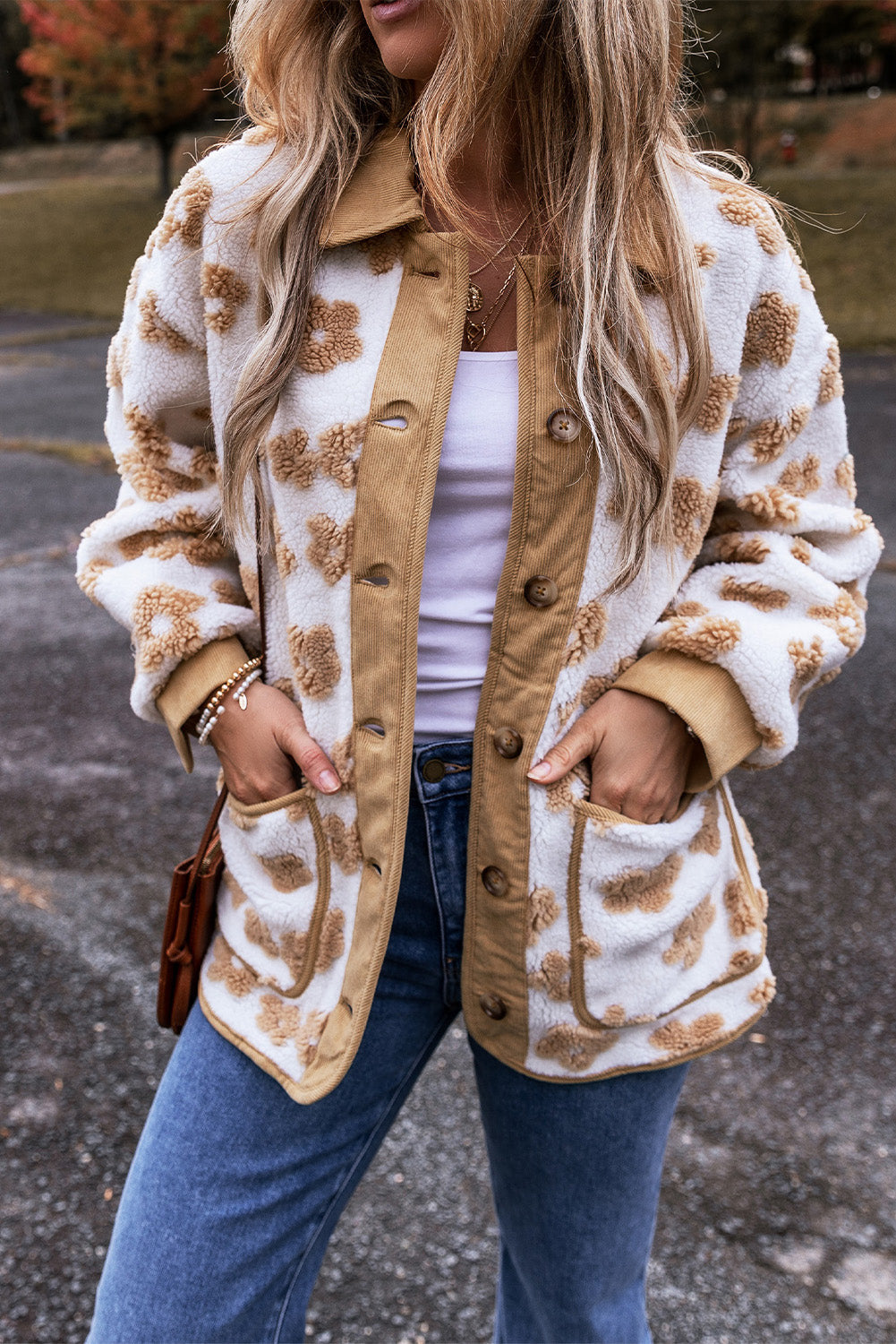 Floral Button-Up Fleece Pocketed Jacket