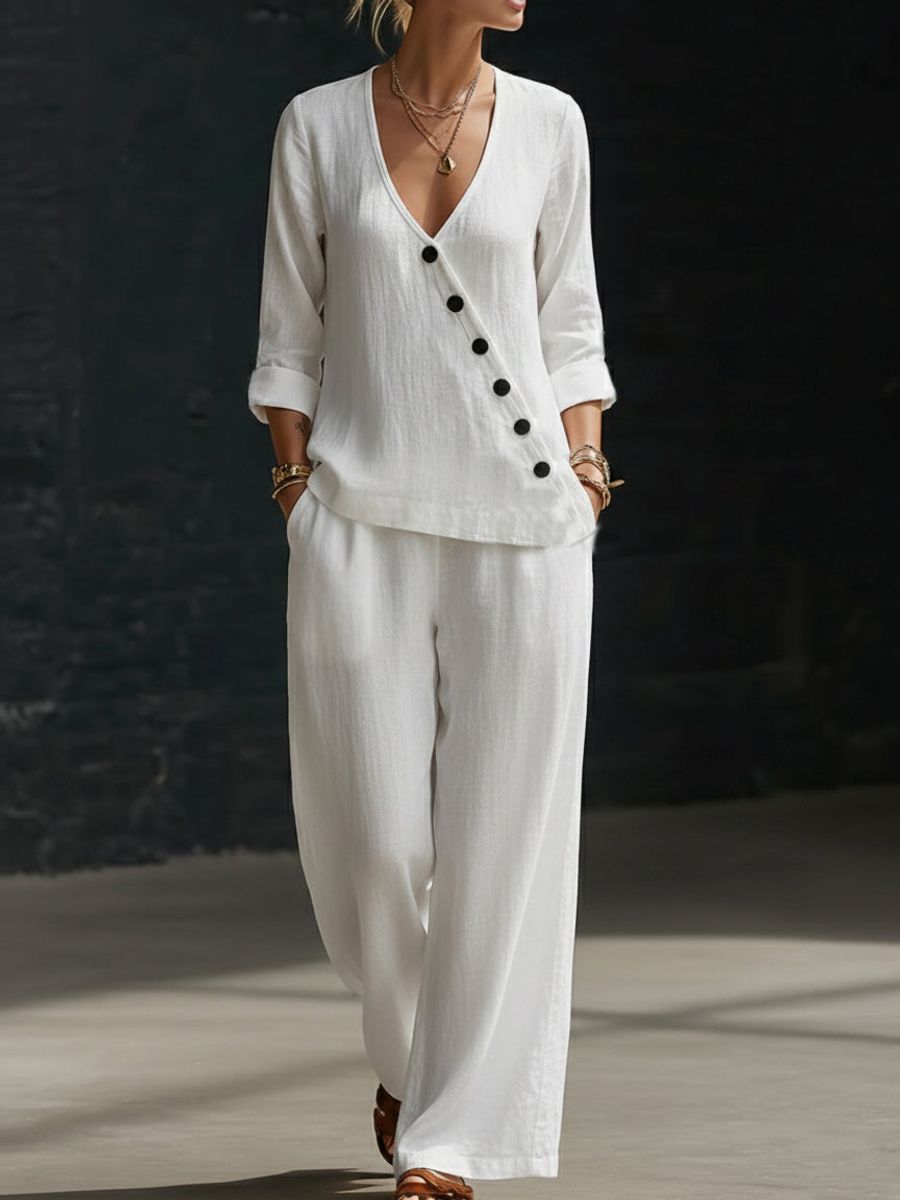 Women’s V-Neck Cross-Over Shirt and Wide-Leg Pants Set