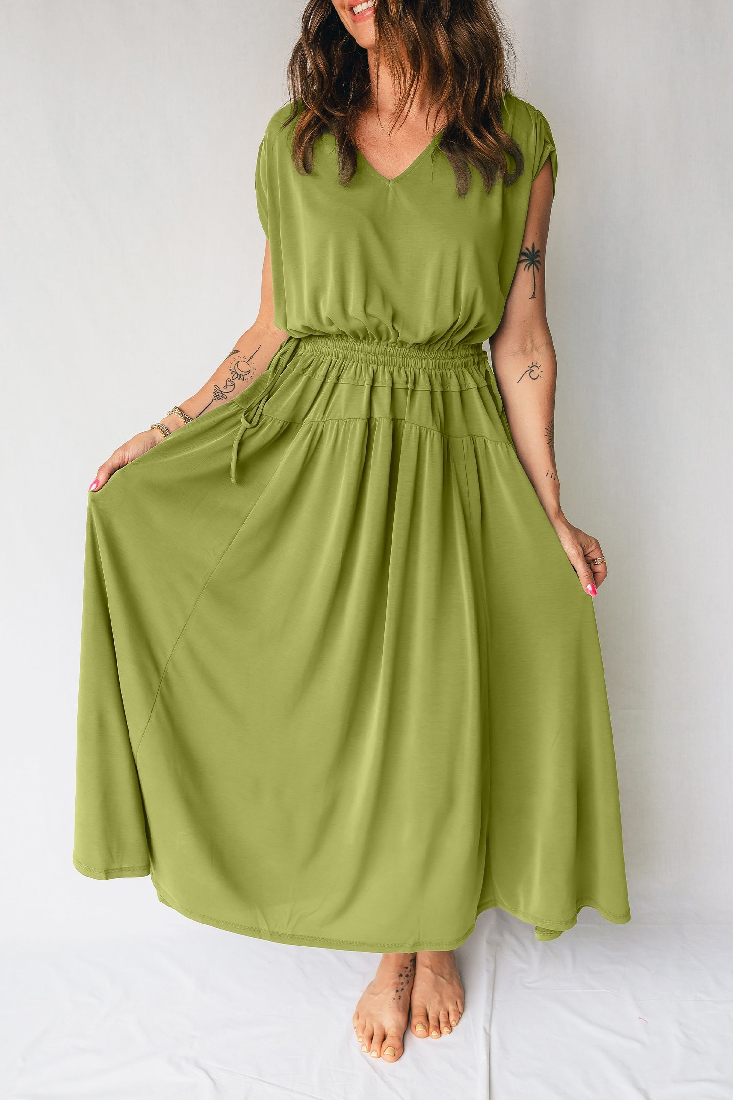 Solid V-Neck Cap Sleeve Elastic Waist Dress