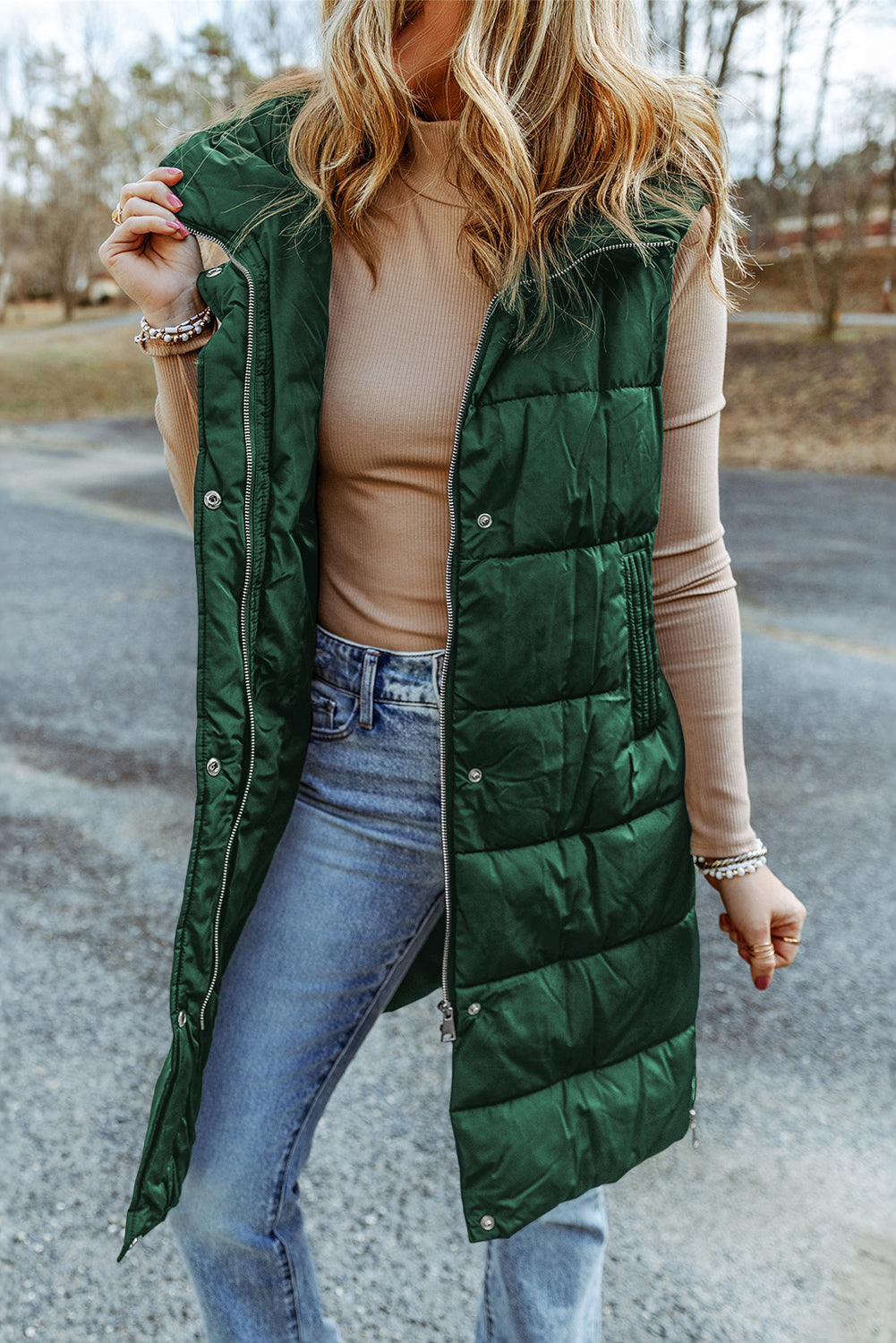 Solid Quilted Long Hooded Vest Coat