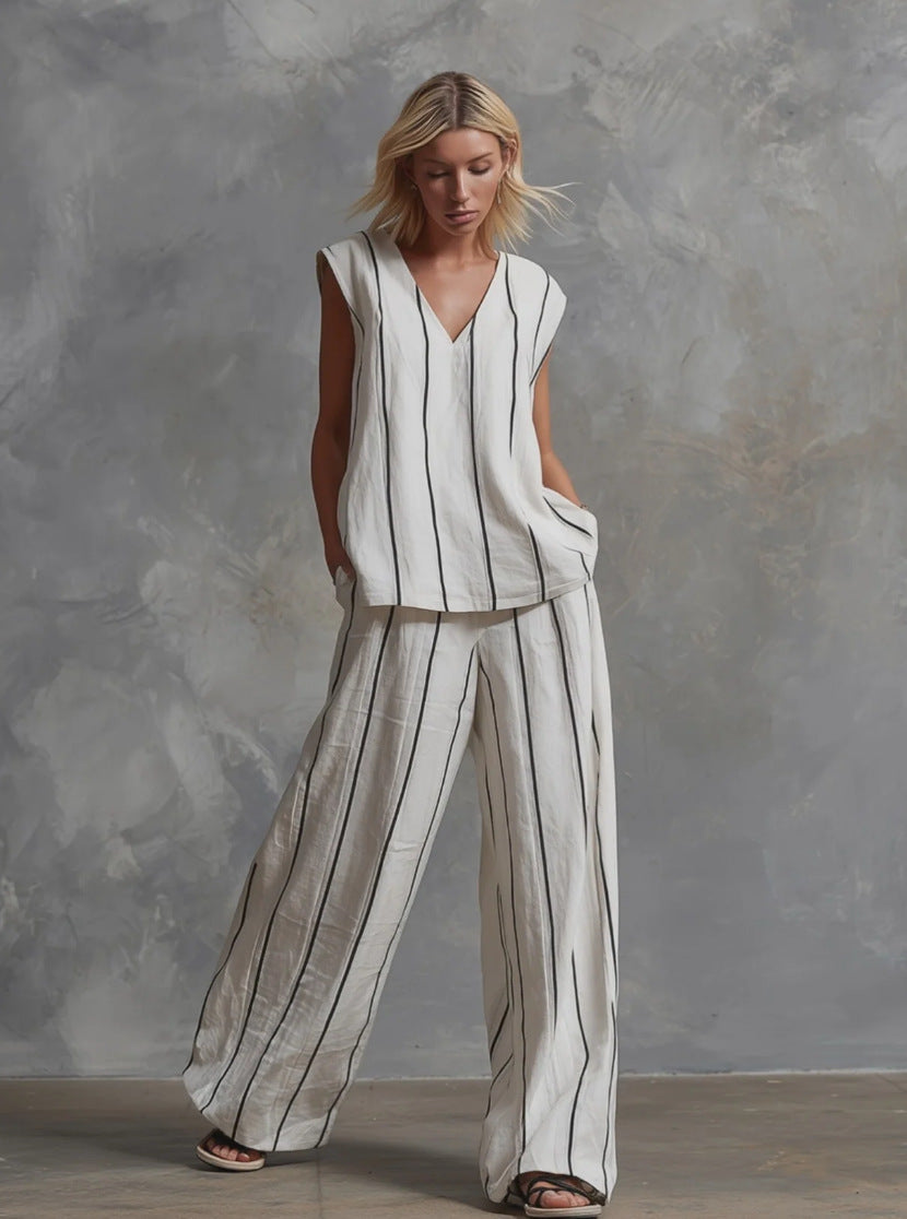 Women’s Sleeveless Striped Top and Full-Length Pants Set