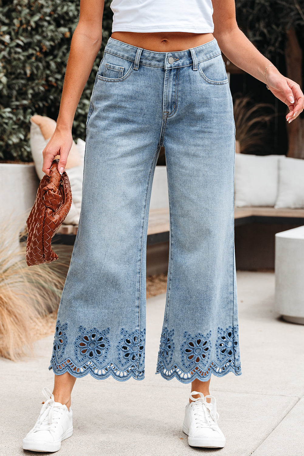 Solid Denim Embroidered Wide Leg Jeans