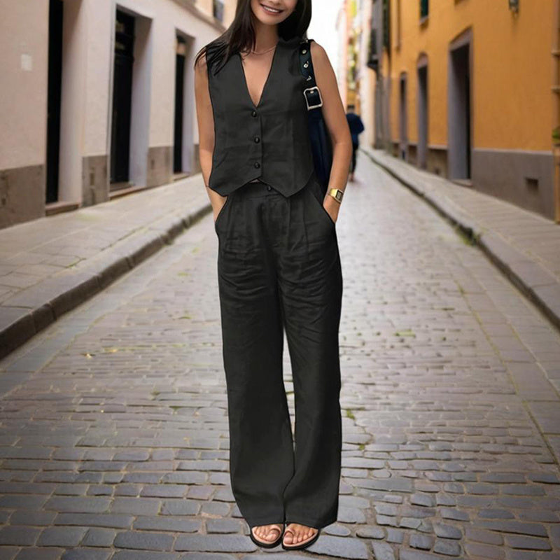 Women’s V‑Neck Button‑Front Vest & High‑Waist Pants Set