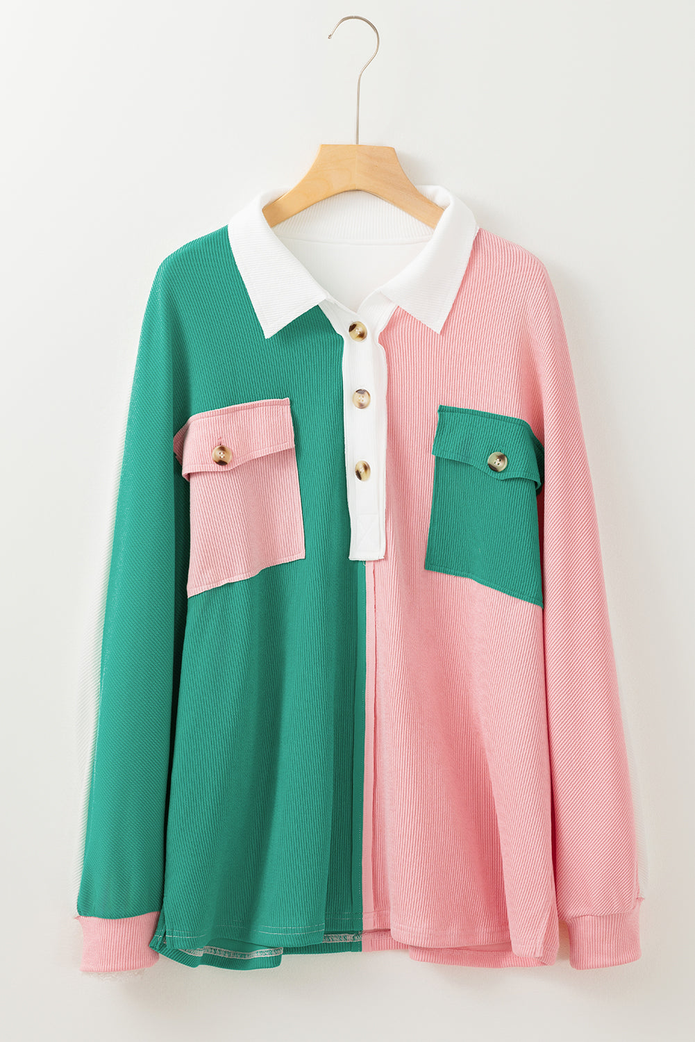 Colorblock Collared Ribbed Patchwork Pocketed Sweatshirt