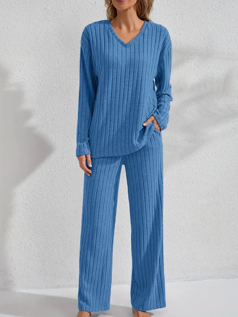 Women’s Ribbed Long Sleeve Top and Pants Loungewear Set