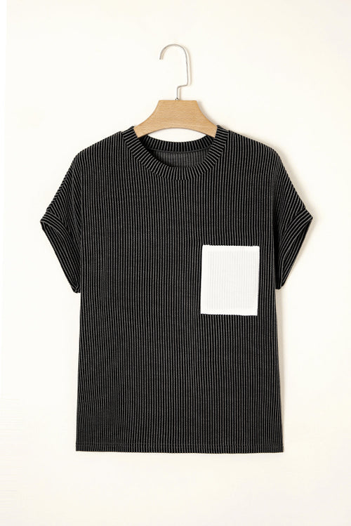 Colorblock Corded Knit Pocketed Crew Neck T-Shirt