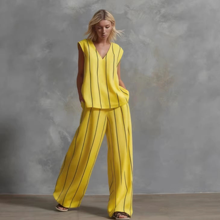 Women’s Sleeveless Striped Top and Full-Length Pants Set