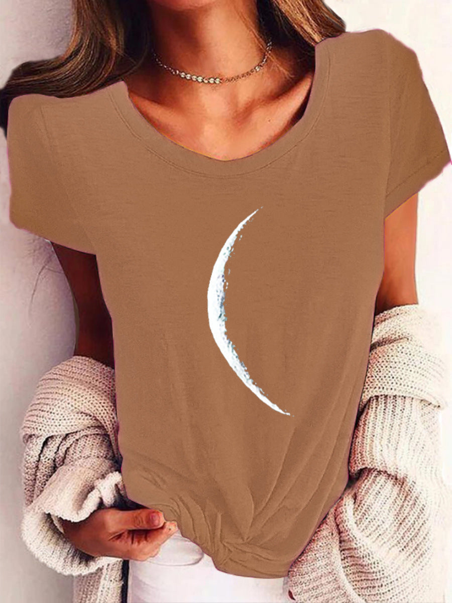 Wide Collar Printed T-Shirt – Casual Short Sleeve Top for Women