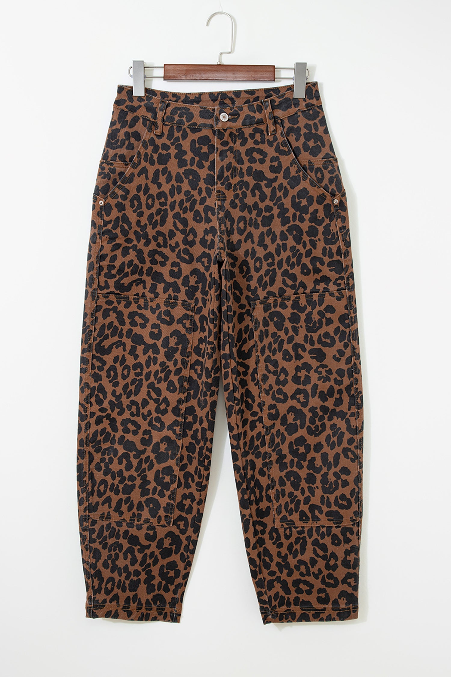 Leopard Seam Detail High Waist Barrel Leg Jeans