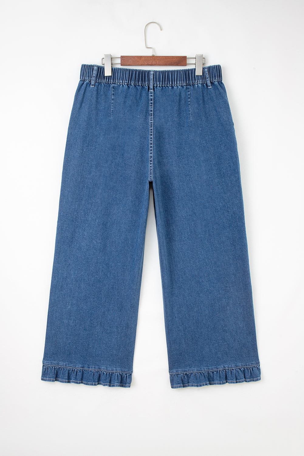 Plus Size Denim Elastic Waist Ruffle Wide Leg Pants