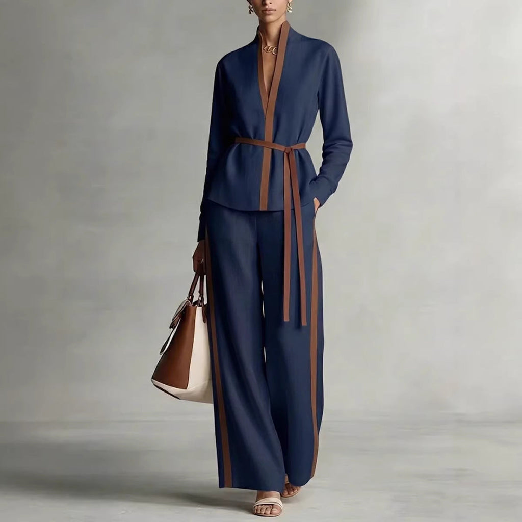 Women’s Patchwork Cardigan & Wide Leg Pants Two Piece Set