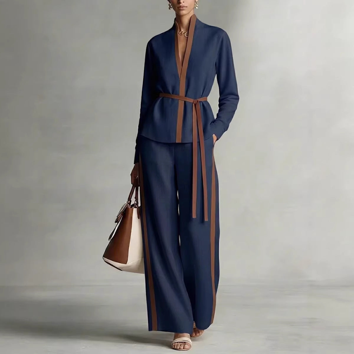 Women’s Patchwork Cardigan & Wide Leg Pants Two Piece Set