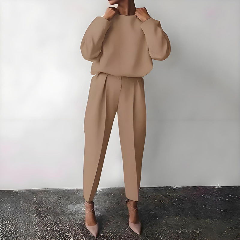 Women’s Solid Color 2-Piece Set – Long Sleeve Top & Pleated Pants Loungewear