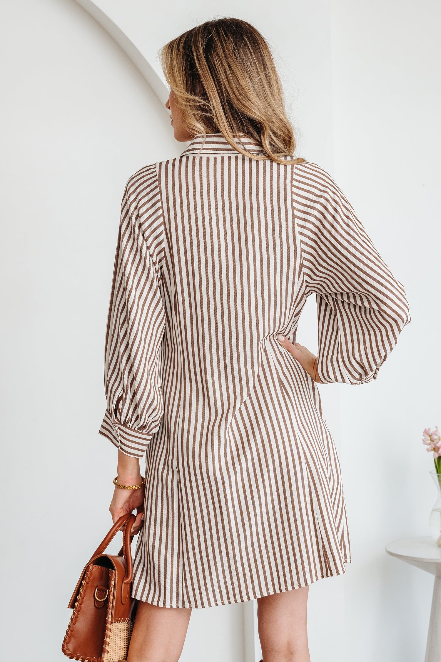 Stripe Tie Waist Puff Sleeve Mini Shirt Dress