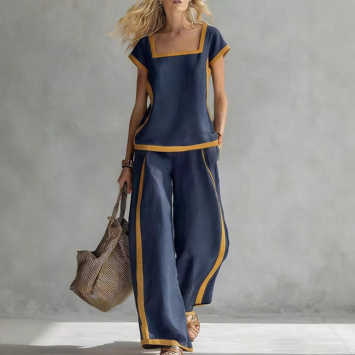 Women’s Square Neck Short Sleeve Two Piece Pants Set