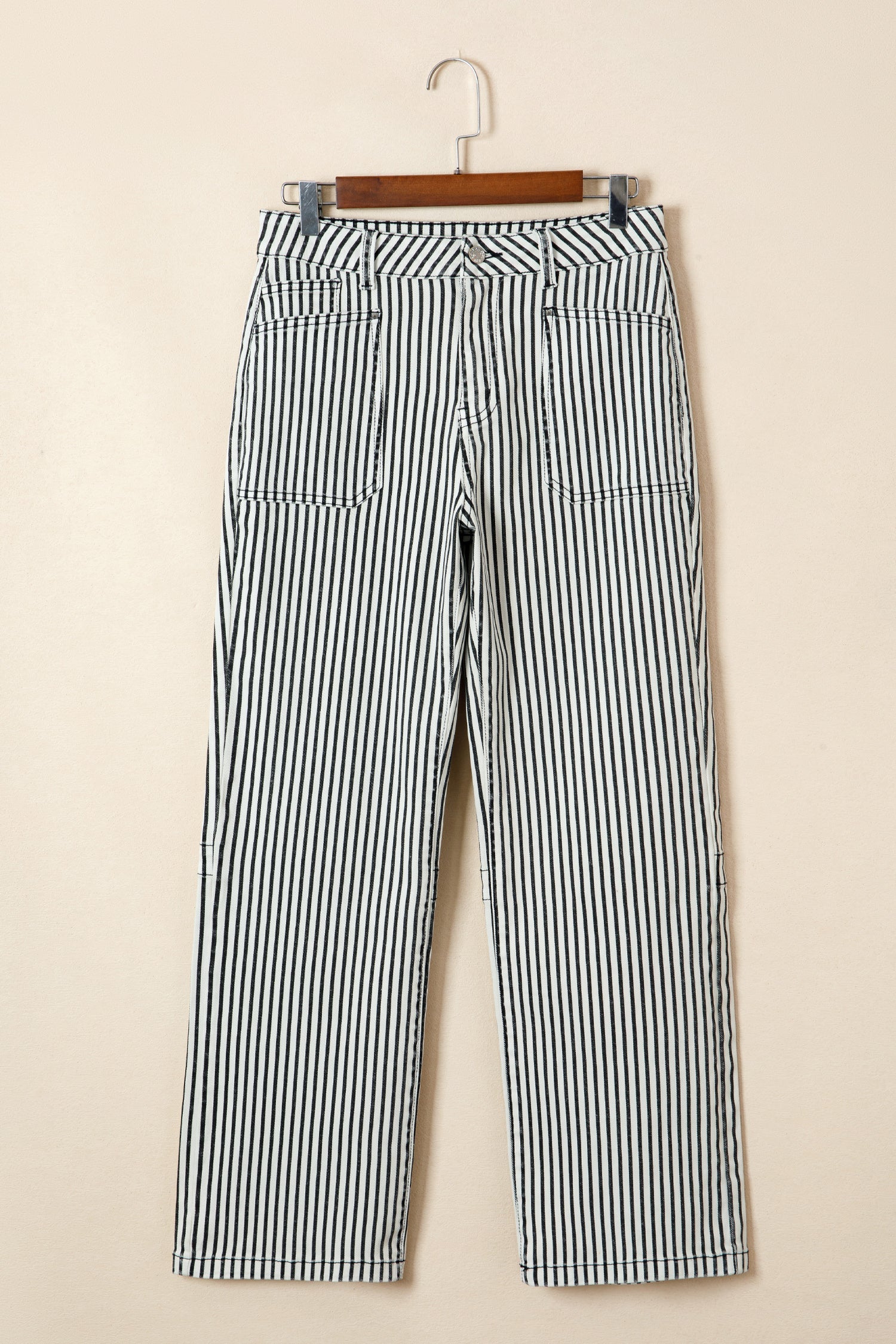 Stripe Denim High Waist Patch Pocket Jeans
