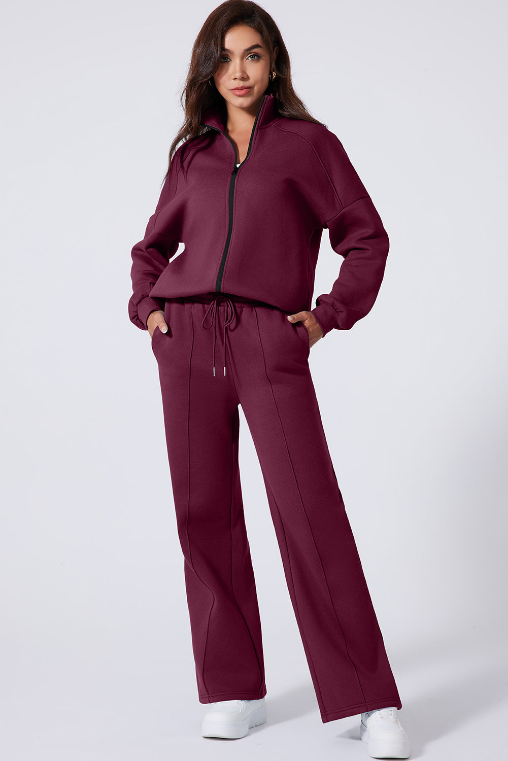 Solid Zip-Up Jacket and Drawstring Pants Set