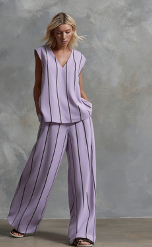 Women’s Sleeveless Striped Top and Full-Length Pants Set
