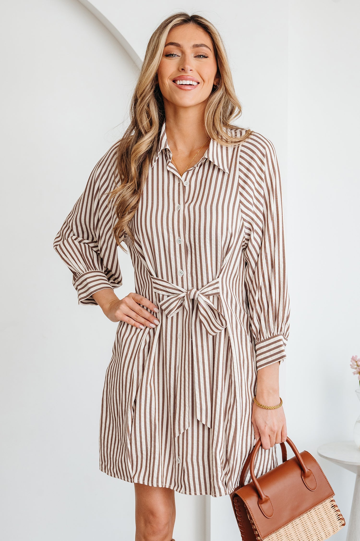 Stripe Tie Waist Puff Sleeve Mini Shirt Dress