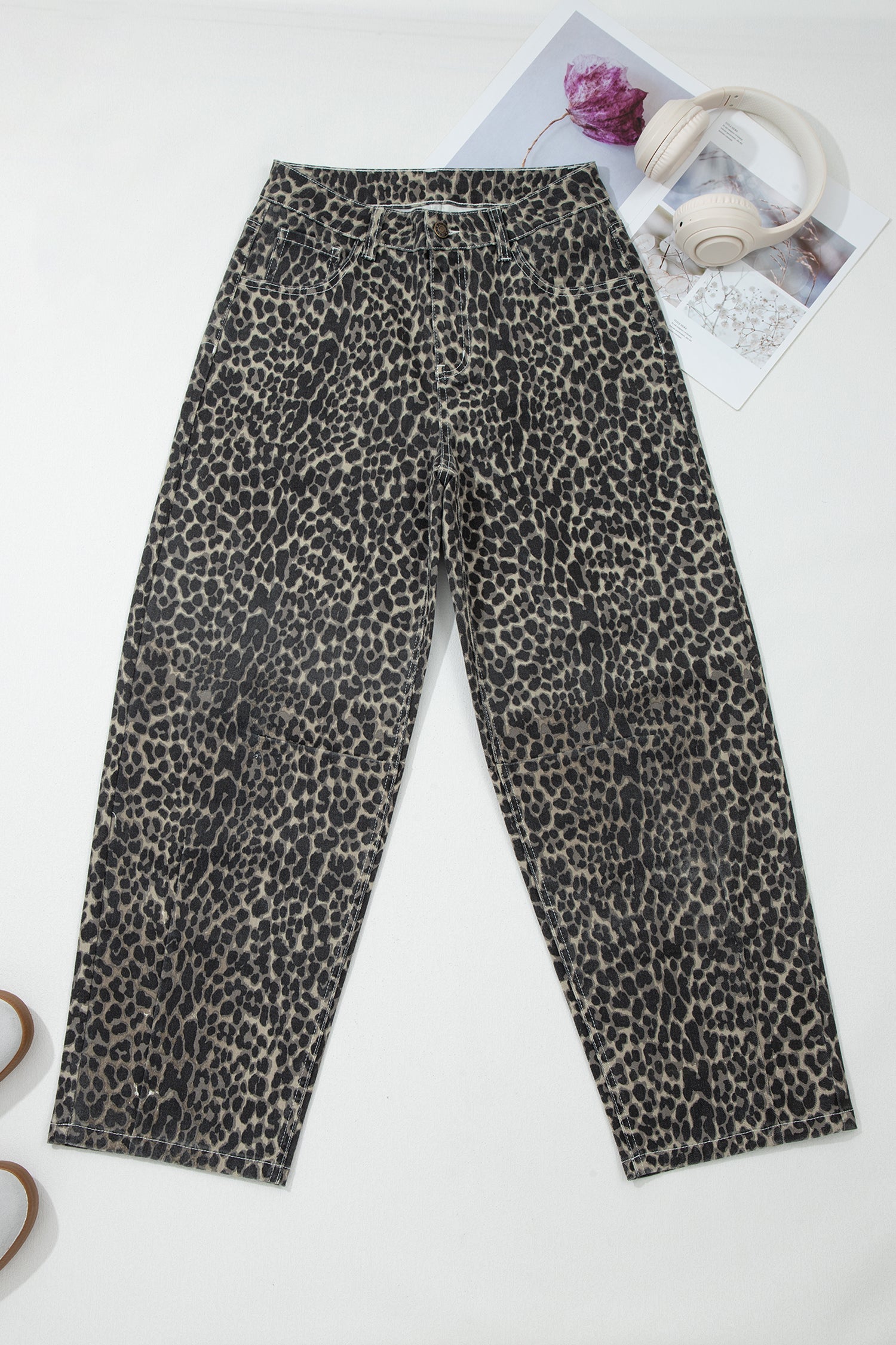 Leopard High Waist Barrel Leg Jeans