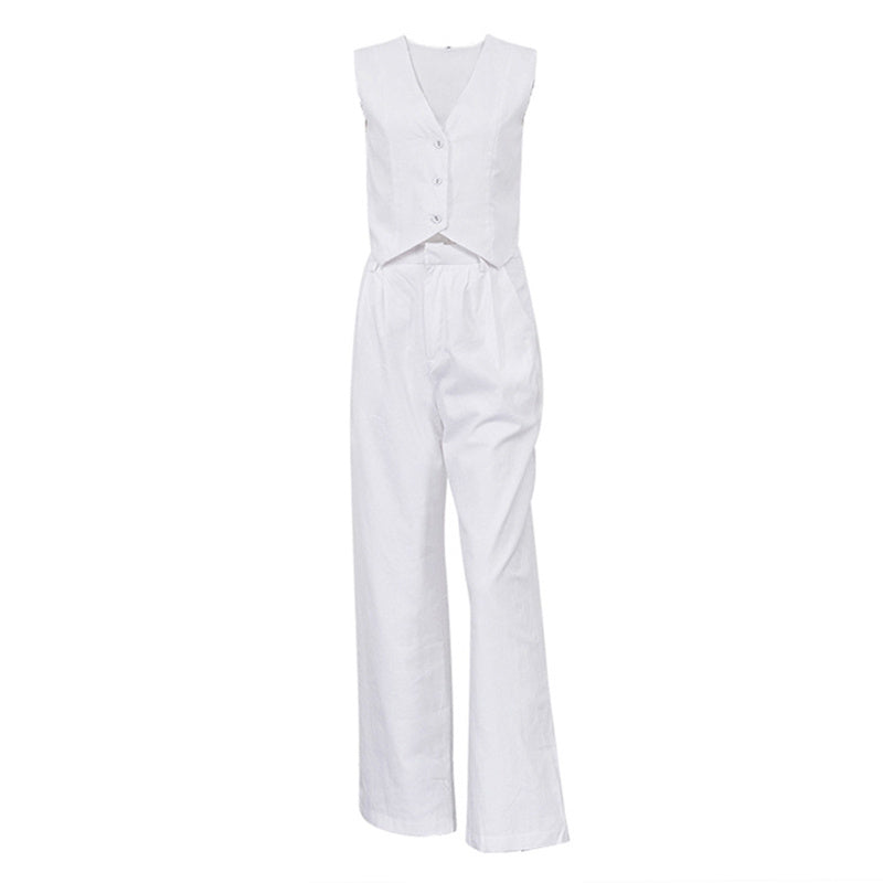 Women’s V‑Neck Button‑Front Vest & High‑Waist Pants Set