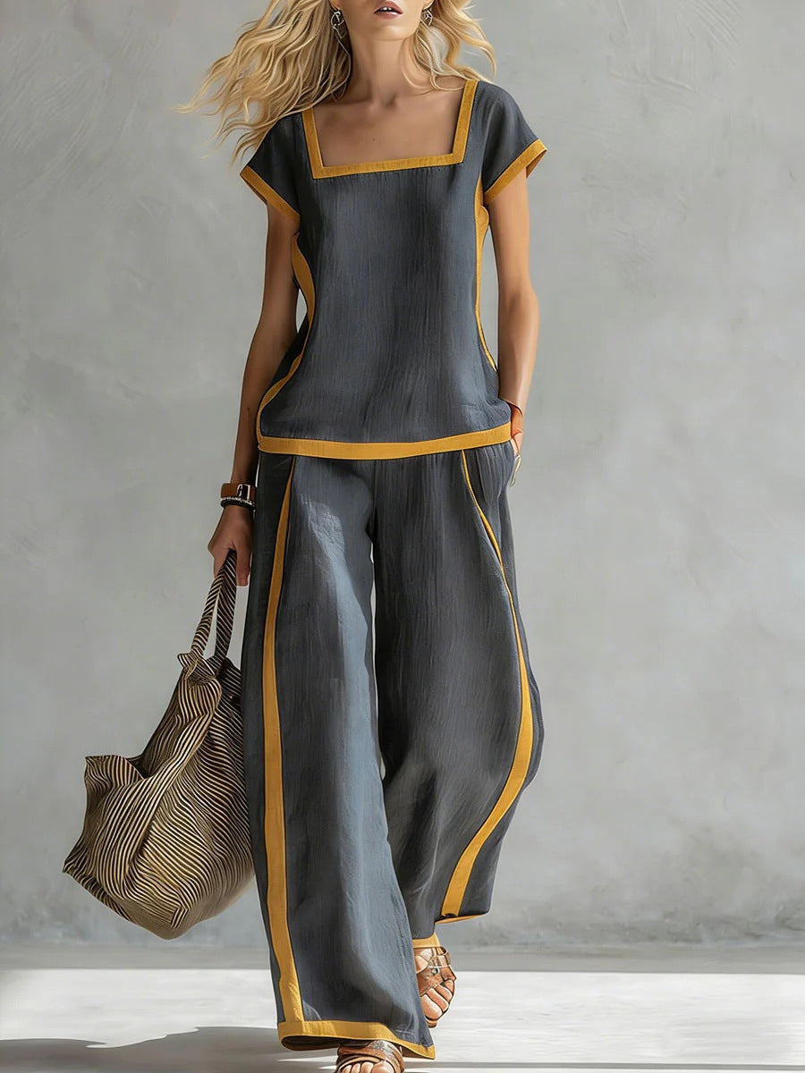 Women’s Square Neck Short Sleeve Two Piece Pants Set