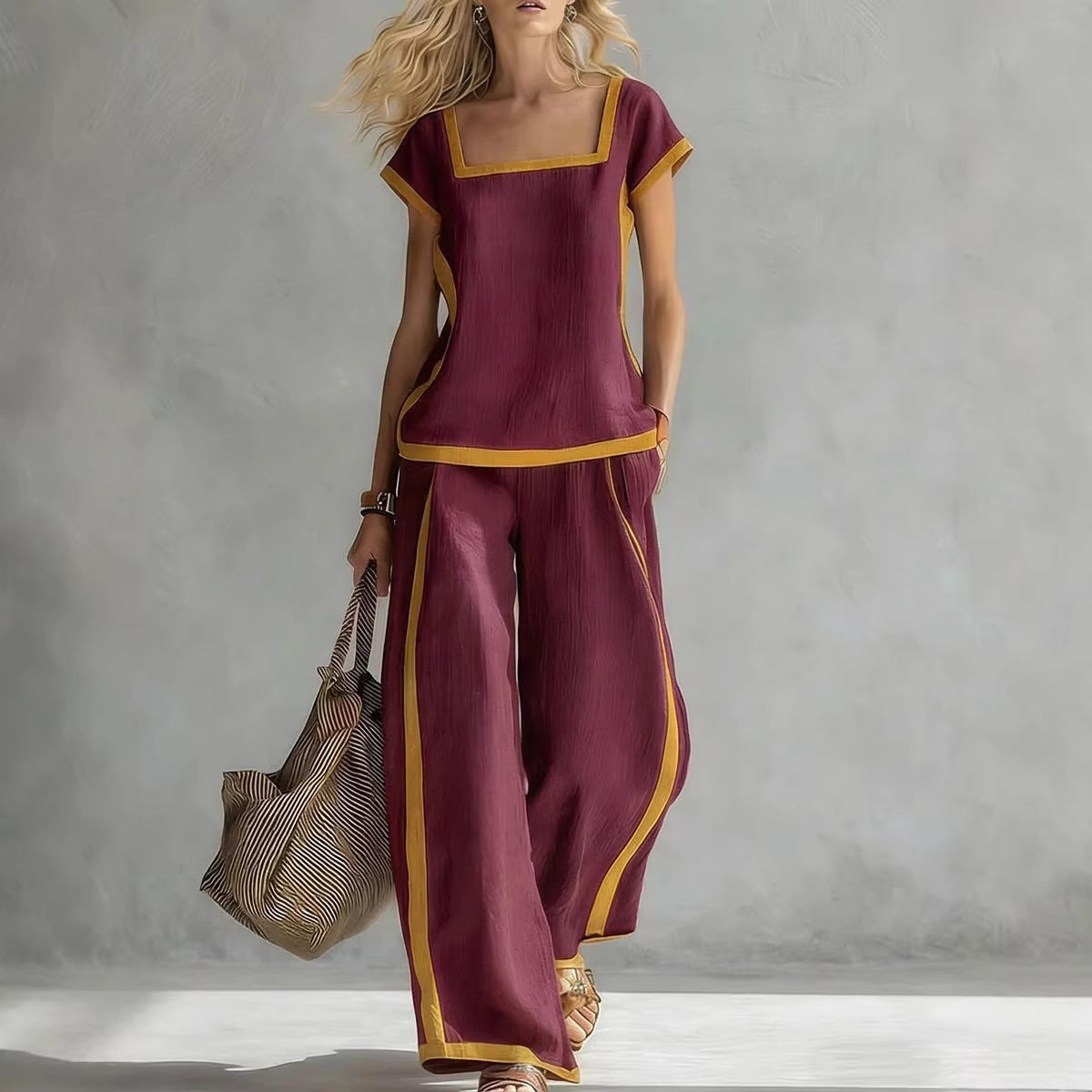 Women’s Square Neck Short Sleeve Two Piece Pants Set