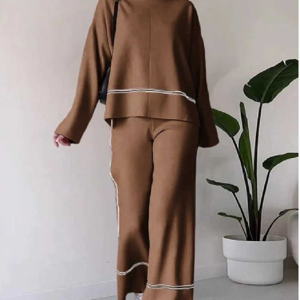 Women’s Solid Color Casual Two-Piece Set – Loose Top & Bootcut Pants Suit
