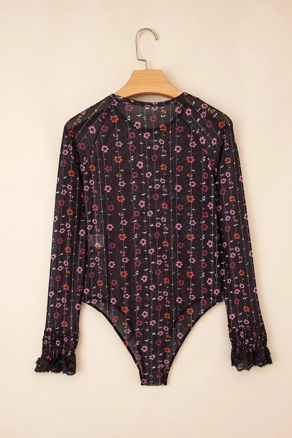 Floral Smock Cuff Mesh Slim Fit Bodysuit
