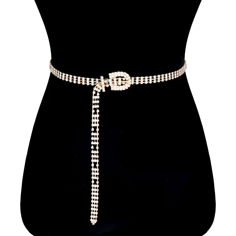 3 Rows Rhinestone Pave Embellished Detail Buckle Belt